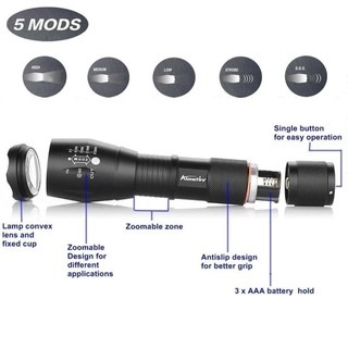 เทอร์โบไลท์ ไฟฉาย แรงสูง ซูมได้ Turbo Light Ultrafire 2200Lm CREE XML T6 LED Zoomable Flashlight Torch 5 Modes