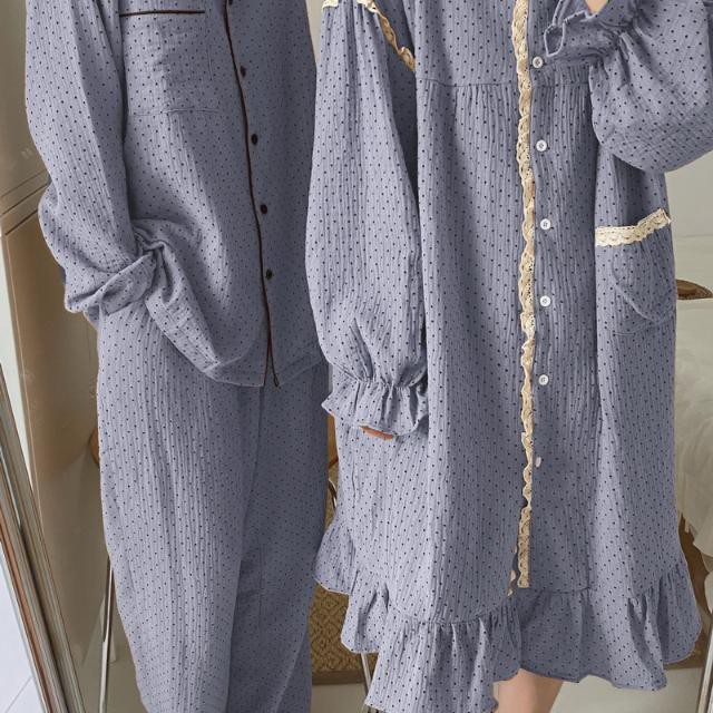 ชุดนอน-สามารถสวมใส่ออกไปข้างนอกสำหรับฤดูใบไม้ร่วง-ฤดูหนาวรูปแบบใหม่ผ้าฝ้ายลายจุดแขนยาวคู่ผ้าฝ้ายคู่ชุดนอนบริการบ้าน