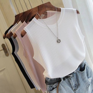 ฤดูร้อนใหม่รอบคอเสื้อกั๊กผู้หญิงกว้าง-สายคล้อง-สไตล์ผ้าไหมบาง Ride Sleeveless ถักสีสวมใส่ด้านนอก