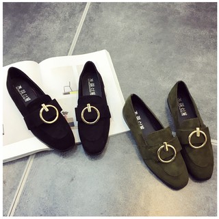 รองเท้า Loafers หัวมน หนังเทียมPU ผิวกำมะหยี่ แต่งห่วงกลม ส้นเตี้ย