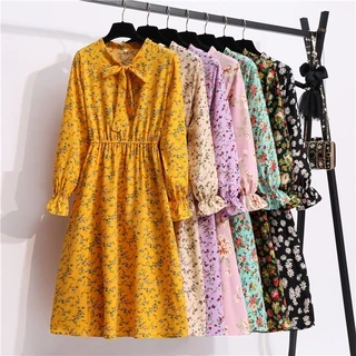 Snuggle Spot Women's Polyester Floral Long Sleeves Calf-length Dress (Multicolor)