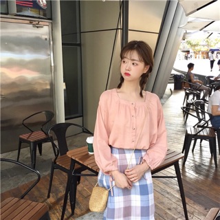 🍤พร้อมส่ง Baby pink shirt เสื้อเชิ้ตแขนยาวคอเหลี่ยมสไตล์เกาหลี