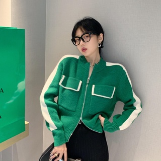 (3 สี)💚 2022 ใหม่สไตล์เกาหลีสีบล็อกคอเต่าเสื้อสเวตเตอร์ถักผู้หญิงหลวมซิปเสื้อถัก