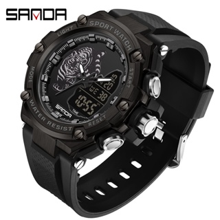 Sanda นาฬิกาควอตซ์ดิจิทัล LED กันน้ํา หน้าจอคู่ สไตล์ทหาร แบรนด์หรู สําหรับผู้ชาย