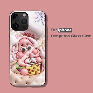 เคสโทรศัพท์มือถือกระจกนิรภัย แบบแข็ง ลายการ์ตูนสพันจ์บ็อบน่ารัก 3D สําหรับ เคสไอโฟน Case iPhone 11 12 Pro Max 6s 7 8 Plus X XS Max SE2020 13 mini 14 Pro Max XR เคสโทรศัพท์