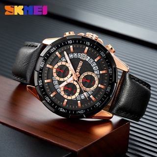 Skmei นาฬิกาข้อมือควอตซ์แฟชั่น สายหนัง กันน้ํา มีปฏิทิน สไตล์นักธุรกิจ สําหรับบุรุษ