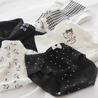 กางเกงชั้นใน ผ้าฝ้ายแท้ เอวกลาง พิมพ์ลายแมวน่ารัก สีดํา สีขาว แบบเรียบง่าย สไตล์ญี่ปุ่น สําหรับนักเรียนผู้หญิง