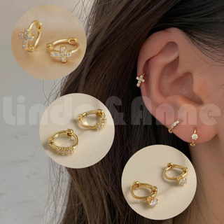 Cubic Zirconia ต่างหูชุบทอง 14k ทรงกลม ขนาดเล็ก สําหรับผู้หญิง