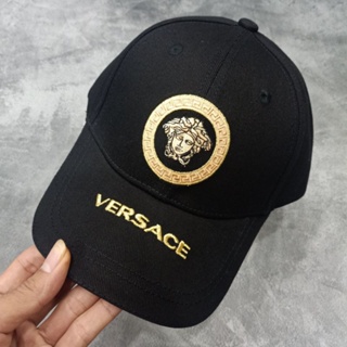Versace หมวกเบสบอล ปักลายโลโก้ สีดํา นําเข้า สําหรับทุกเพศ