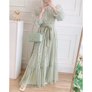 Almirah 12- Maxy Dress Inara Maxi Material Premium Cotton Layer Full Front And Back Bottom Combi Tile, Sleeve Layer Organza Front Button Variation Front Zipper + Free Belt Material T-Shirt