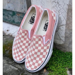 รองเท้า Vans แบบสวม ลายตารางหมากรุก สีชมพูบานเย็น