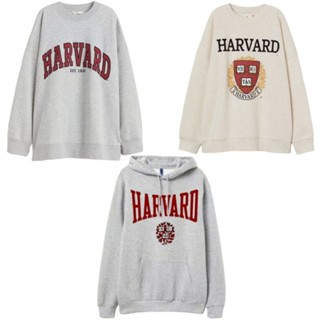 H&amp;M เสื้อกันหนาว มีฮู้ด พิมพ์ลาย Harvard hnm สีเทาอ่อน