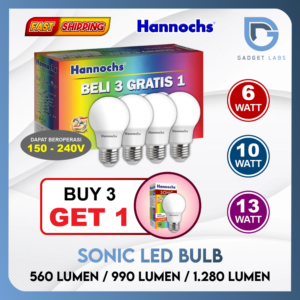 Hannochs SONIC หลอดไฟ LED 6 10 13 W - แพ็คเกจ ซื้อ 3 แถม 1 | Shopee ...