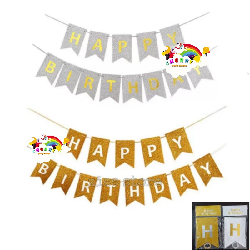 Cherry Balon Banner Happy Birthday Gold Glitter/Bunting Flag HBD/Party ...