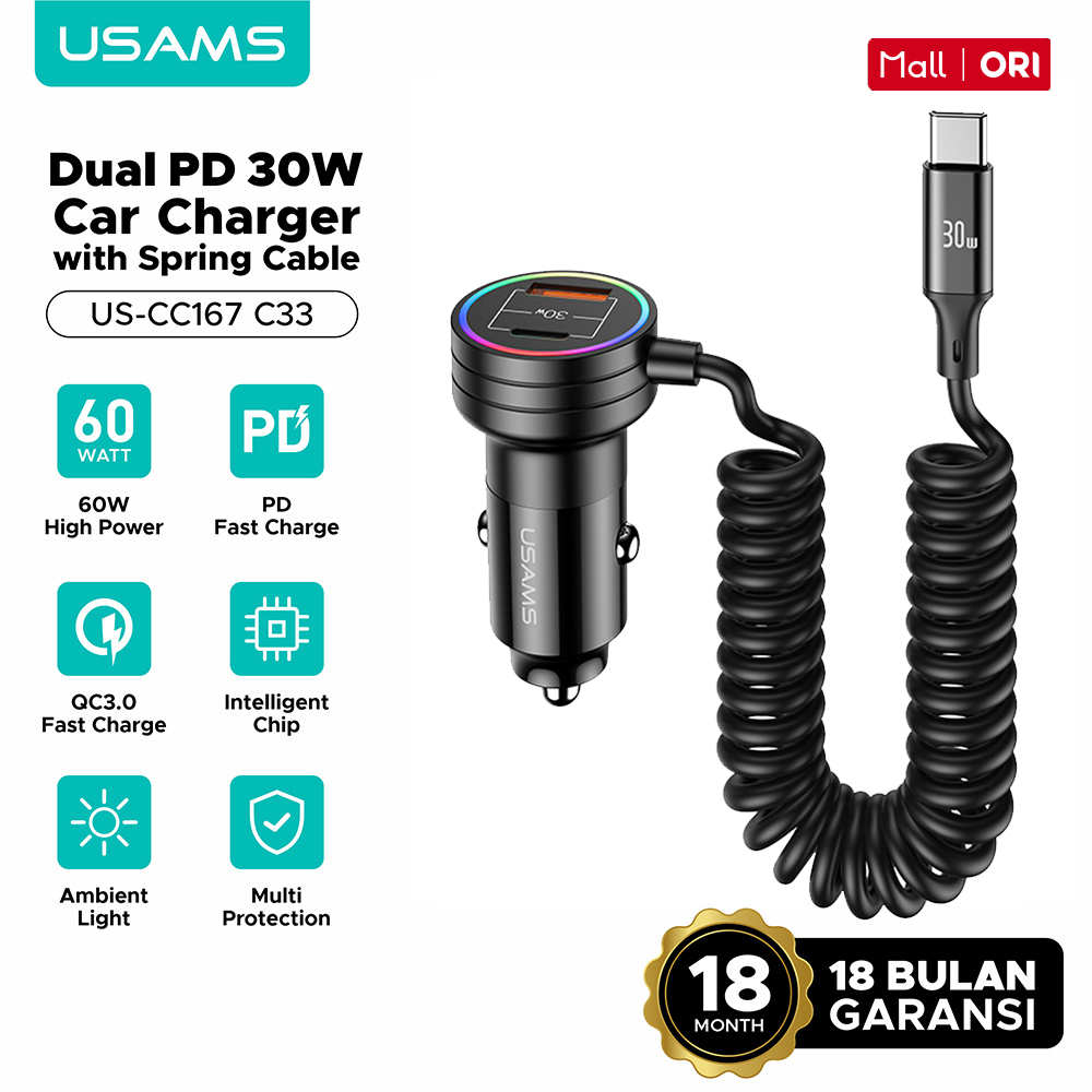 Usams - CC167 C33 ที่ชาร์จแบตในรถพร้อมสายสปริง 60W PD QC 3.0 Fast ...
