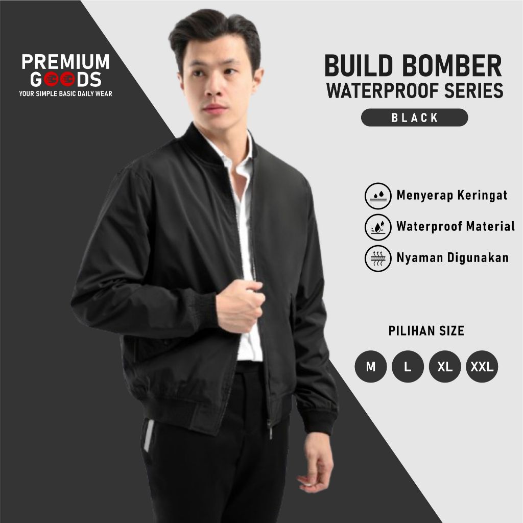 Build Bomber Jacket Men Taslan Waterproof Black Premium | Shopee Thailand