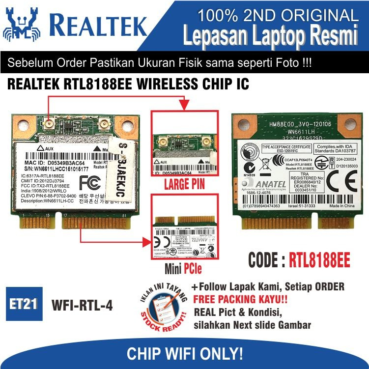 ET21 WFI-RTL-4 ชิป WiFi แล็ปท็อป REALTEK RTL8188EE ไร้สาย CHIP IC ...