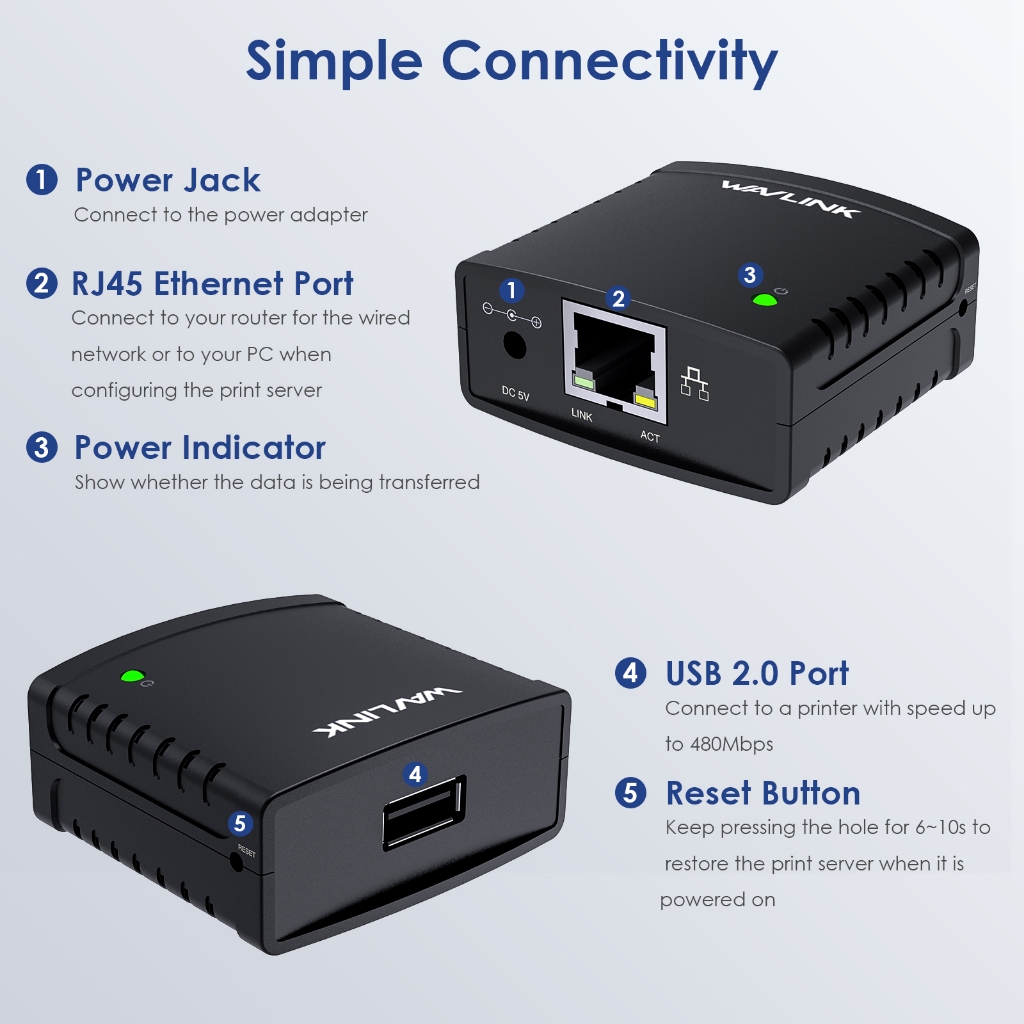 WAVLINK LPR Print Server USB 2.0 Wireless Print Server & USB Printer ...