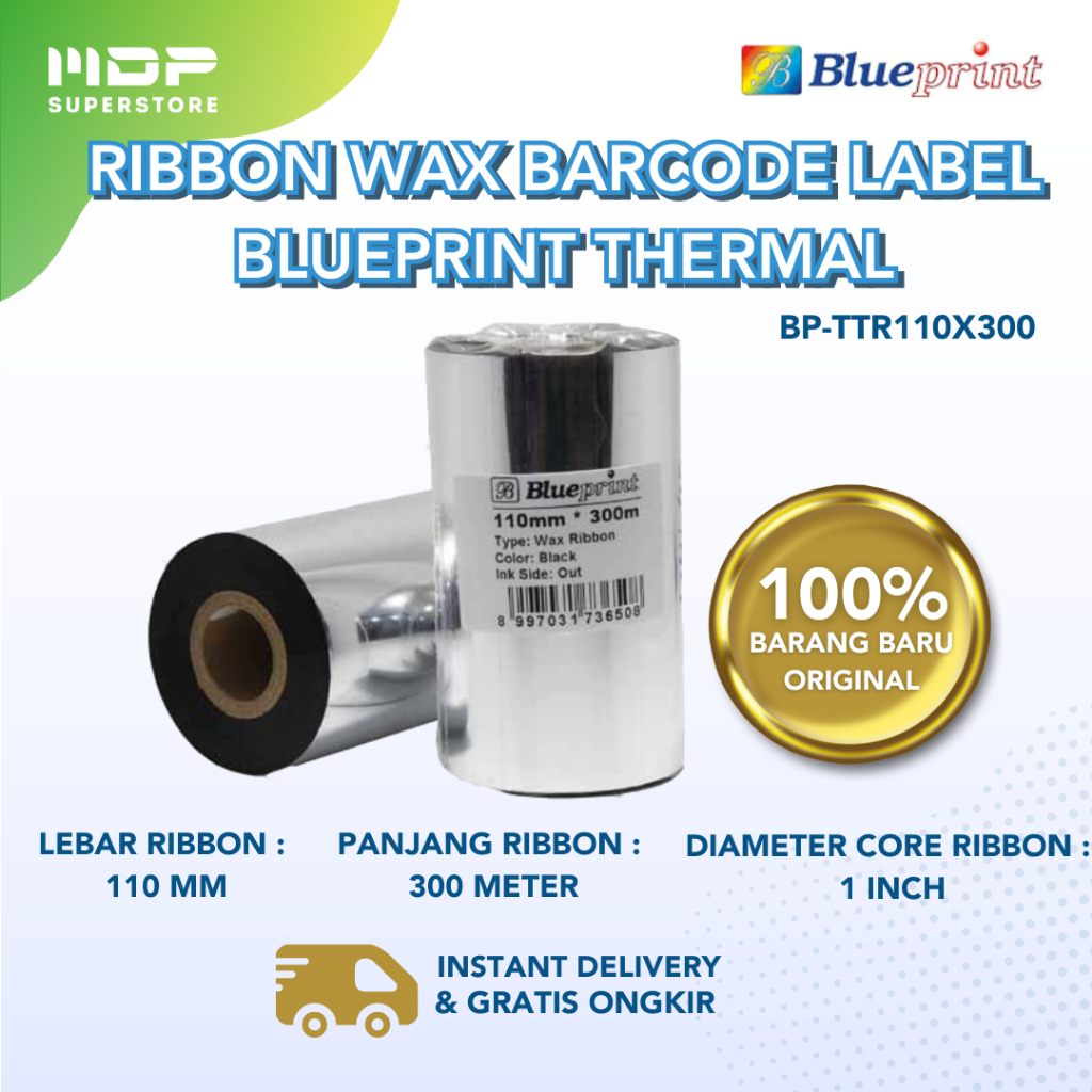 Ribbon WAX BARCODE LABEL 110x300M BLUEPRINT THERMALT TRANSFER RIBBON ...