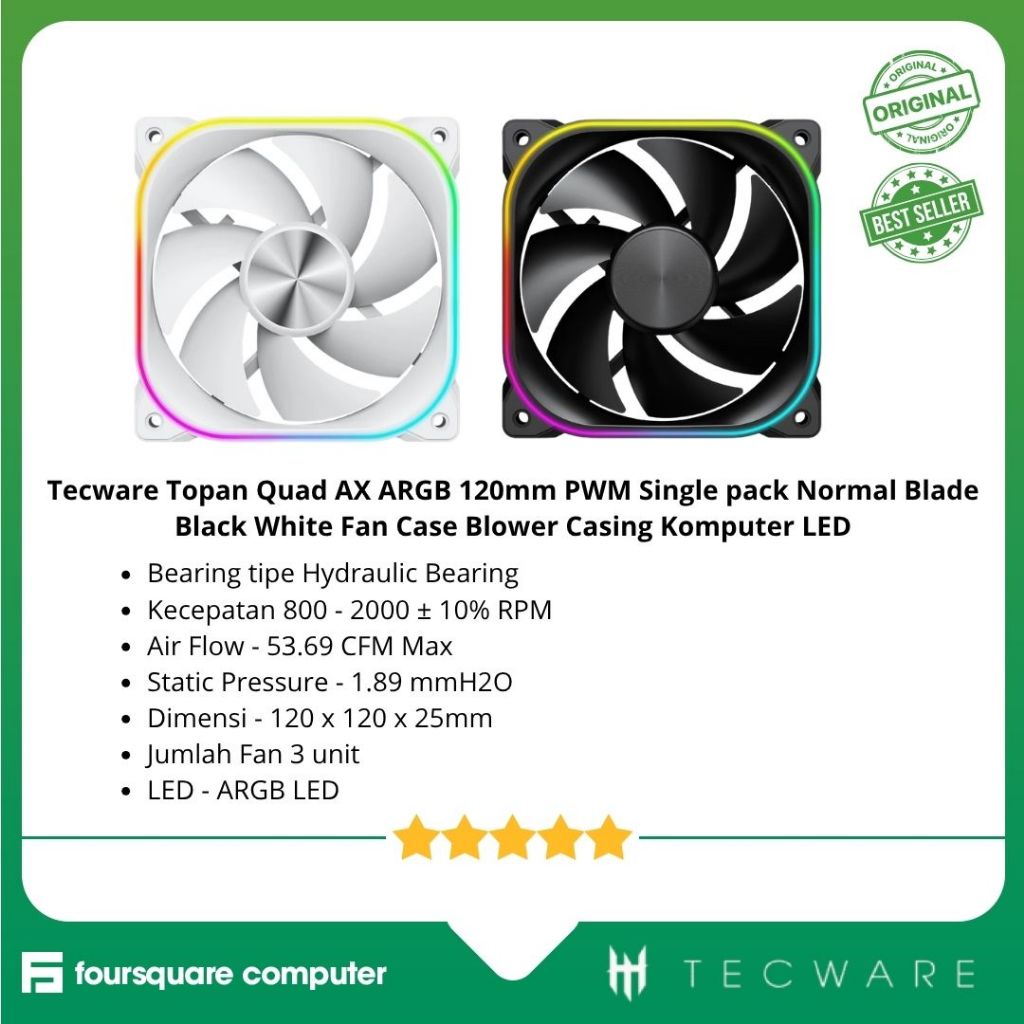 Tecware Topan Quad AX ARGB 120 มม.PWM แพ็คเดี่ยวใบมีดปกติสีดําสีขาวพัด ...