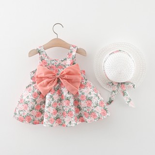 FiFi Baby พร้อมส่ง 2ชิ้น ชุดกระโปรงเด็ก+หมวก ชุดกระโปรงเด็กมีคันธนู ชุดเดรสเด็กผู้หญิง ใส่ไม่ร้อน ไซส์ (5เดือน－4ขวบ)