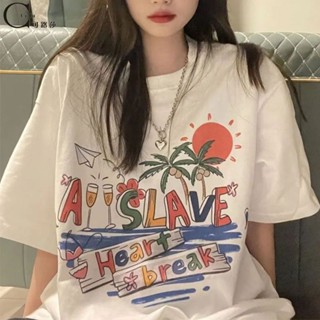 เสื้อยืดแขนสั้น ทรงหลวม ขนาดใหญ่ สไตล์เรโทร แฟชั่นฤดูร้อน สําหรับผู้หญิง