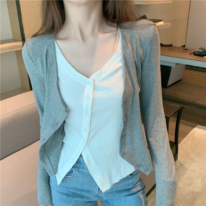 เสื้อยืดแขนยาว-คอวี-เข้ารูป-สีคอนทราสต์-แฟชั่นฤดูใบไม้ผลิ-และฤดูใบไม้ร่วง-สําหรับผู้หญิง