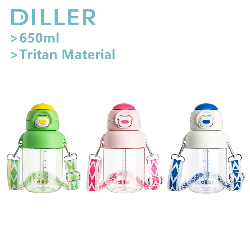 diller-ขวดน้ํา-tritan-ปลอด-bpa-พร้อมหลอด-และสายคล้อง-ปรับได้-สําหรับฟิตเนส-กีฬา-650-มล-db2306