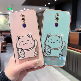 เคสนิ่ม ชุบไฟฟ้า ลายแมวนําโชค พร้อมขาตั้ง สําหรับ OPPO F11 Pro F9 F7 F5