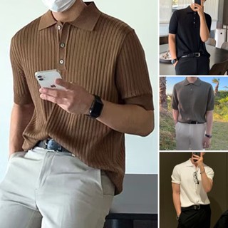 เสื้อยืดทรงโปโล คอปก ผ้าเรยอน ลายทาง แบบเรียบ แฟชั่นฤดูร้อน สไตล์เกาหลี สําหรับผู้ชาย