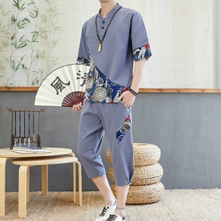 Spot high quality] linen suit mens middle-aged dad casual cotton and linen short sleeve T-shirt suit Chinese style mens wide version Tang suit cropped pants suit two-piece mens