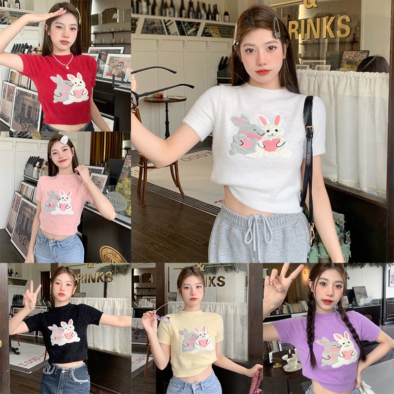 เสื้อครอปท็อปลําลอง-แต่งขนมิงค์เทียม-พิมพ์ลายกระต่าย-สไตล์เกาหลี-สําหรับผู้หญิง