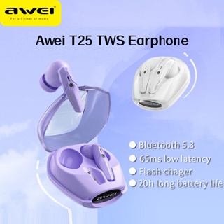 Awei T25 ชุดหูฟังบลูทูธไร้สาย 5.3 พร้อมไมโครโฟน ลดเสียงรบกวน สีสันสดใส สําหรับเล่นเกม