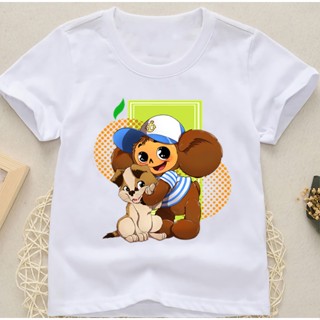 เสื้อยืดแขนสั้น พิมพ์ลายการ์ตูน Cheburashka สีขาว แฟชั่นฤดูร้อน สําหรับเด็กผู้ชาย และเด็กผู้หญิง