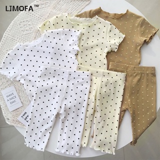 LJMOFA KIDS ชุดนอนเด็ก 1-6 ปีผ้าฝ้ายฤดูร้อนเด็กแขนสั้นสูทเด็กผู้หญิงน่ารักเวฟจุดเครื่องปรับอากาศเด็กเสื้อผ้าบ้านบาง