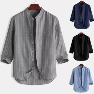 เสื้อเชิ้ต แขน 3/4 ลําลอง ทรงหลวม ลายทาง มีสไตล์ สําหรับผู้ชาย