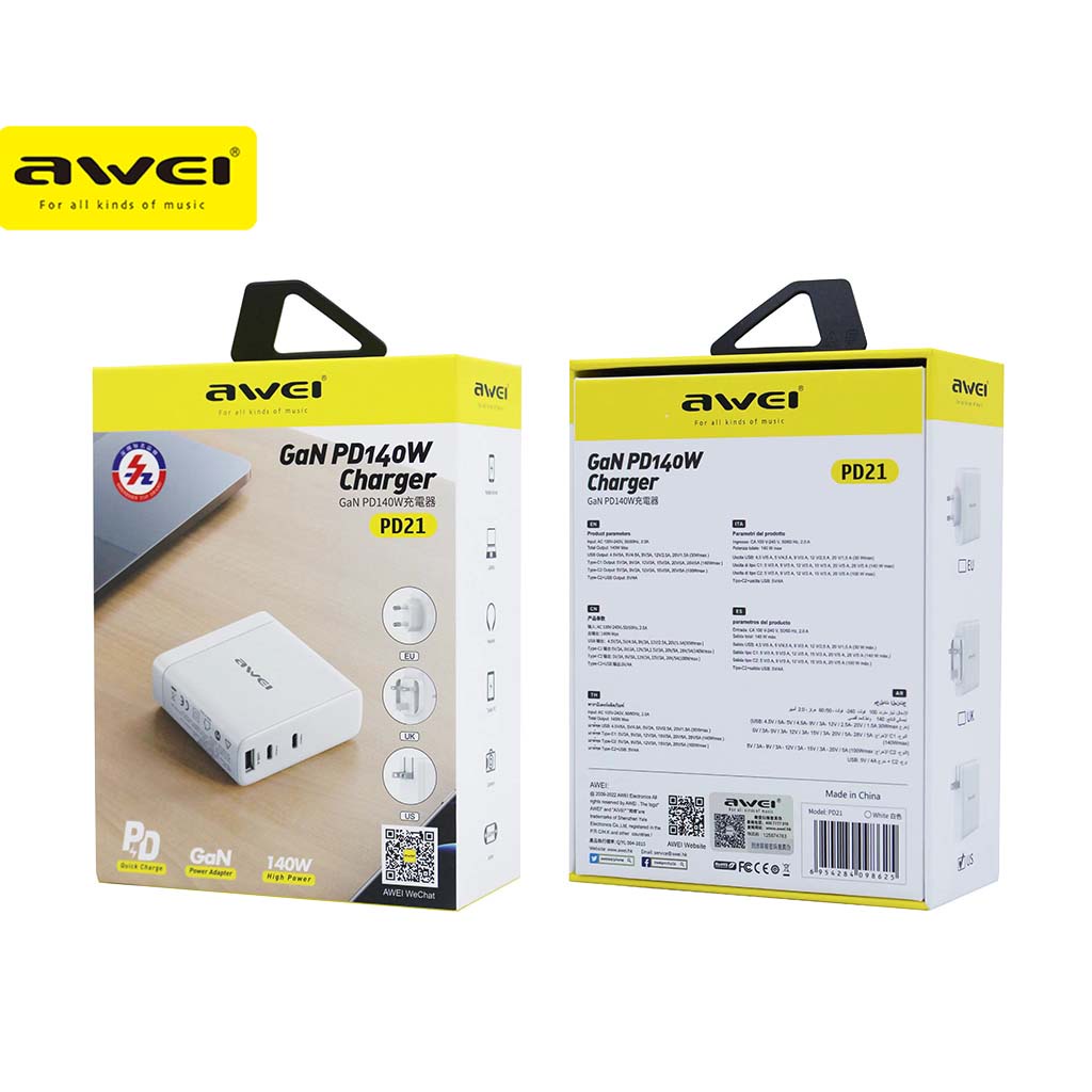 awei-pd21-ปลั๊ก-us-pd-140w-gan-ที่ชาร์จติดผนัง-3-พอร์ต-qc-ชาร์จเร็ว-usb-a-และอะแดปเตอร์ไฟ-type-c