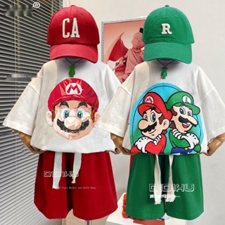 เสื้อยืดแขนสั้น ผ้าฝ้าย พิมพ์ลาย Super Mario Heavy Industry แฟชั่นสตรีท สําหรับเด็กผู้ชาย