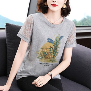 เสื้อยืดแขนสั้น พิมพ์ลายลูกไม้ ทรงหลวม สไตล์เกาหลี ตะวันตก เข้ากับทุกการแต่งกาย สําหรับผู้หญิงวัยกลางคน