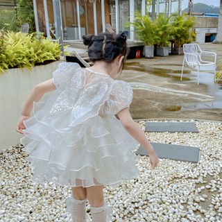 ชุดเดรสกระโปรง ปักเลื่อม รูปปีกผีเสื้อ สีขาว แฟชั่นฤดูร้อน สําหรับเด็กผู้หญิง เหมาะกับวันเกิด