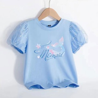 เสื้อยืดแขนสั้น แขนพัฟ ผ้าฝ้ายแท้ ขนาดใหญ่ สีชมพู แฟชั่นฤดูร้อน สไตล์เจ้าหญิง สําหรับเด็กผู้หญิง