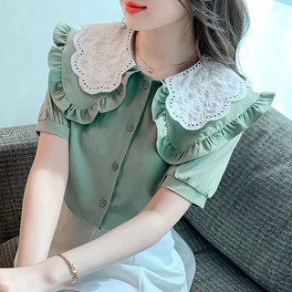 เสื้อเชิ้ตแขนสั้น แต่งลูกไม้ แต่งผ่าข้าง สําหรับผู้หญิง