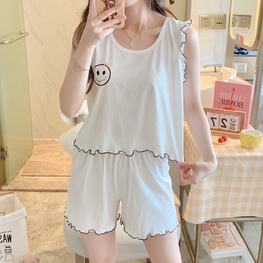 ชุดนอน-เสื้อสายเดี่ยว-แขนกุด-ผ้าฝ้ายแท้-แบบบาง-สองชิ้น-แฟชั่นฤดูร้อน-สําหรับผู้หญิง