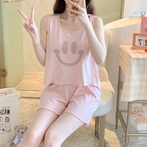 ชุดนอน-เสื้อสายเดี่ยว-แขนกุด-ผ้าฝ้ายแท้-แบบบาง-สองชิ้น-แฟชั่นฤดูร้อน-สําหรับผู้หญิง