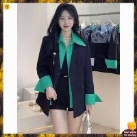 blazer blazer oversize เสื้อเบลเซอร์ปลอมสองชิ้นสำหรับฤดูใบไม้ผลิของผู้หญิงเสื้อสูทเย็บต่อกันแบบ ins สไตล์การออกแบบลดอายุระดับไฮเอนด์สไตล์เกาหลี