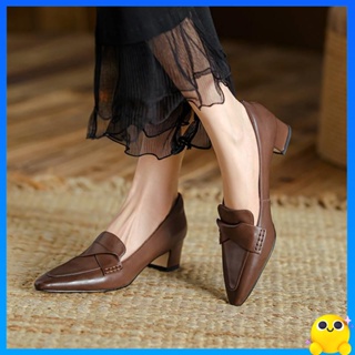 รองเท้าคัดชูผู้หญิง รองเท้าผู้หญิงทําด้วยมือฤดูใบไม้ผลิฤดูใบไม้ร่วง 2023 ใหม่ปลายเท้าบล็อกส้นเท้าฝรั่งเศสวินเทจรองเท้าเดี่ยวหญิงจริงหนังนุ่ม Loafers ส้นกลาง