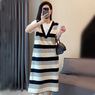 【Dress Oversized】(40-150kg) ชุดเดรสแขนสั้น ลายทาง พลัสไซซ์ แฟชั่นเกาหลี ทรงหลวม สําหรับผู้หญิงตั้งครรภ์