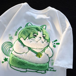 เสื้อยืดแขนสั้น ปักลายแมวอ้วน และดอกไม้น่ารัก แฟชั่นฤดูร้อน สําหรับผู้ชาย และผู้หญิง