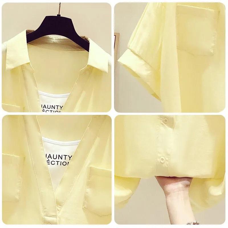 เสื้อเชิ้ตแขนสั้น-ทรงหลวม-สีพื้น-เข้ากับทุกการแต่งกาย-แฟชั่นฤดูร้อน-สไตล์เกาหลี-สําหรับผู้หญิง-2023