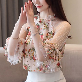 เสื้อเบลาส์ เปิดไหล่ ผ้าชีฟอง ลายดอกไม้ ลูกไม้ ตาข่าย แฟชั่นฤดูร้อน 2 แบบ ไซซ์ S - 2Xl